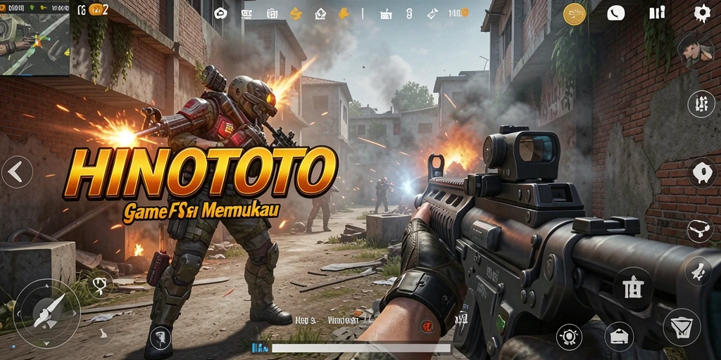 Screenshot HINOTOTO menunjukkan aksi intens pertempuran FPS.